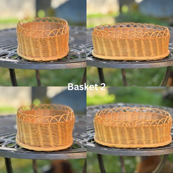 Vintage Wicker Basket Set of 3 Oval Shaped Boho Storage Bins with Wood Bases - Picture 8 of 11